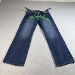 Vicinity Jeans Mens XL 34 Long Blue Logo Buckle Waist Baggy Loose Streetwear Y2K